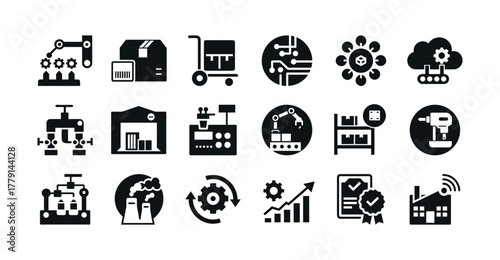 Modern industry automation, logistics, and smart factory icons.