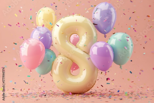 Colorful 8 Balloon with Confetti on Pink Background for Celebrations