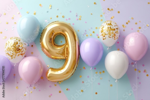 Colorful Balloon Arrangement with Gold Number Nine Celebration Theme