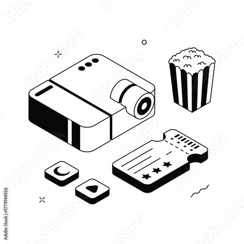 Isometric illustration of movie night setup with projector and popcorn for entertainment