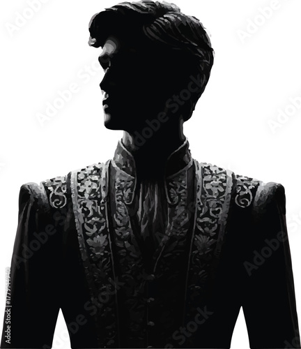 An artistic rendering in black and white of a male from the Philippines wearing fashion from the 1800s.