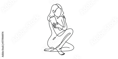 Minimalist line art drawing of woman hugging herself, self care