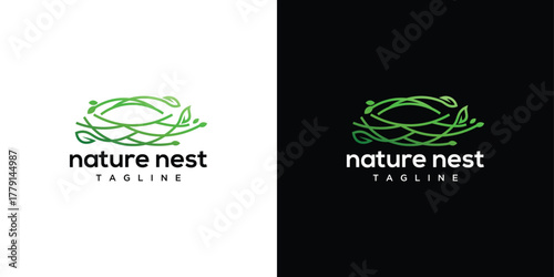 Natural bird nest design concept with leaves. Nest logo template made with lines.	