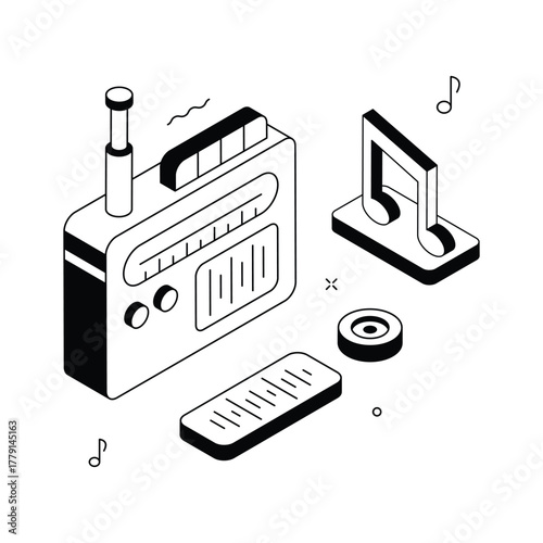Radio entertainment illustration with notes and equalizer for music or broadcast