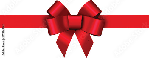 A vibrant red ribbon bow, meticulously crafted, with a horizontal ribbon extending on a pristine white background.