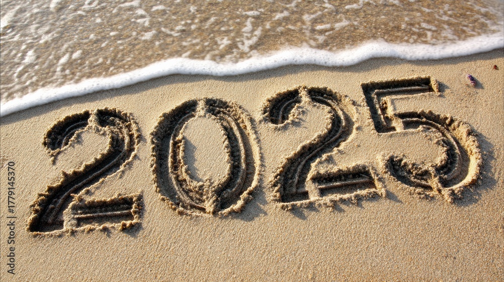 Fototapeta premium Digits Written in Sand by the Ocean Shoreline, Capturing the Year 2025 During a Sunny Day