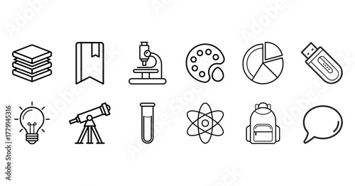 Education, science, and creative tools outline icon collection