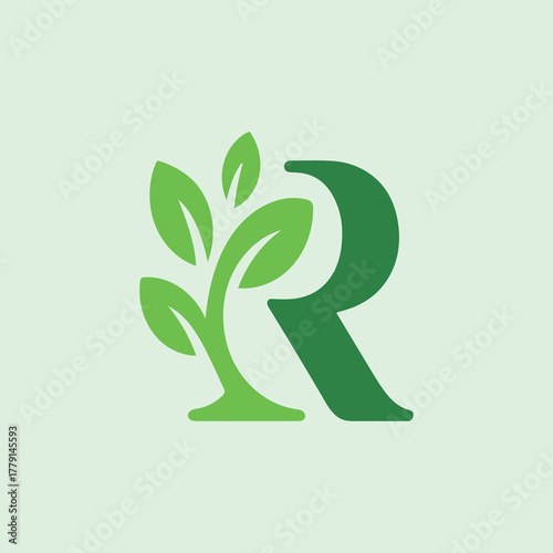 Green Letter R Logo with Leaf Design. Eco-Friendly R Logo with Plant Elements. Nature-Inspired Letter R Vector Logo. Organic Leaf R Monogram Logo Template. Modern Leaf Letter R Branding Design
