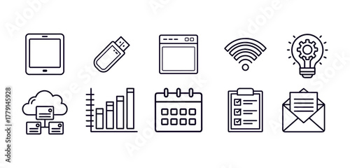 Technology and business icon set with tablet, cloud, wifi, data