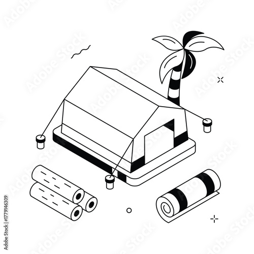 Isometric camping scene with tent and palm tree for travel and leisure concept