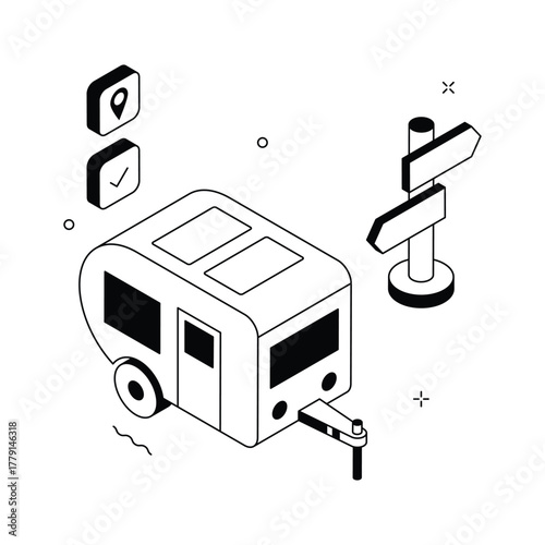 Isometric camping van illustration symbolizing road trips, travel, and leisure adventures