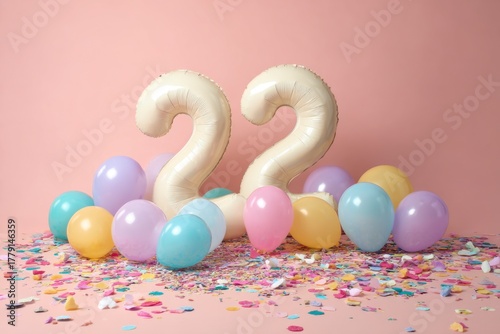Two Large Number Balloons Surrounded by Colorful Confetti and Balloons