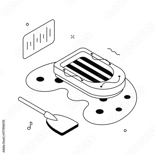 Isometric rafting illustration with inflatable boat and paddle