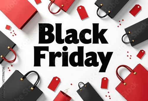 Vector illustration of shopping bags, boxes, and sale tags arranged around bold Black Friday text, top view on white background, modern red and black color palette, for ads, banners, marketing design