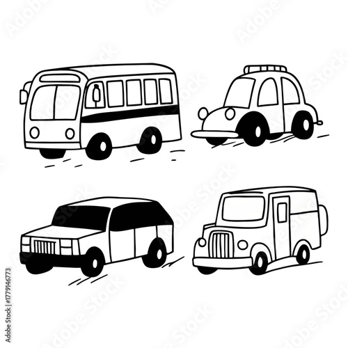 Whimsical collection of diverse vehicles including a bus police car SUV and utility van creating a playful transportation theme perfect for creative projects