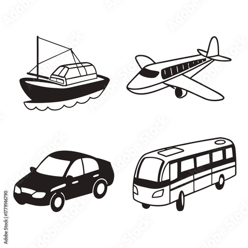 Dynamic collection of transportation icons featuring a sailboat, airplane, car, and bus, perfect for travel and logistics themes.