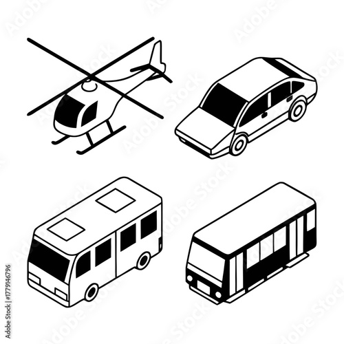 Dynamic isometric vehicle icons modern transport collection helicopter car bus train for travel logistics and city concepts