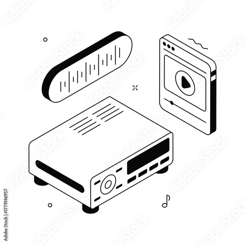 DVD player isometric illustration symbolizing movie, video, and home entertainment