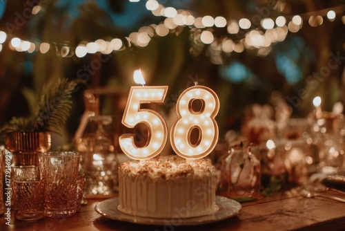 Festive 58th Birthday Celebration with Cake and Candlelight Glow