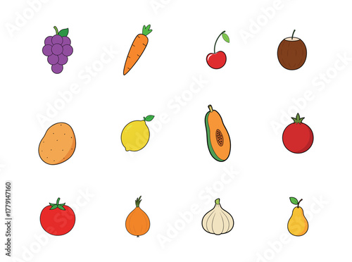 Cartoon fruit and vegetable collection icon set on white background