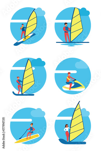 Illustrations featuring people enjoying water sports like windsurfing and jet skiing activities on the water