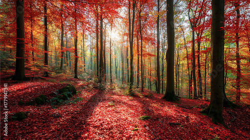 Lush autumn forest floor covered in vibrant red and orange leaf litter with sunbeams through canopy, serving as a nature background.