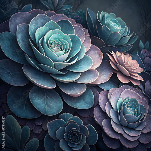 Top down view of lush succulent plants with layered petals and deep moody hues illustration