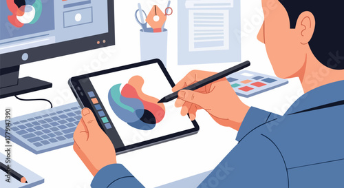 Designer working on a digital tablet with a stylus pen in a modern creative studio environment with computer display