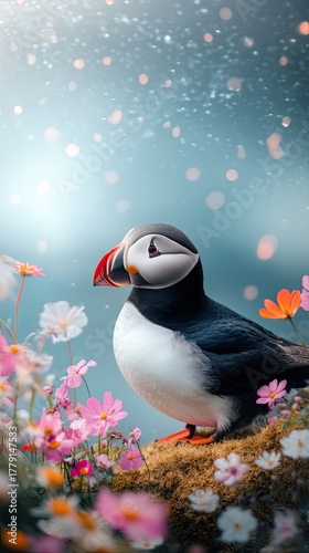 American Puffin perched on sea cliffs in Iceland with vibrant plumage amidst flowers and moss
