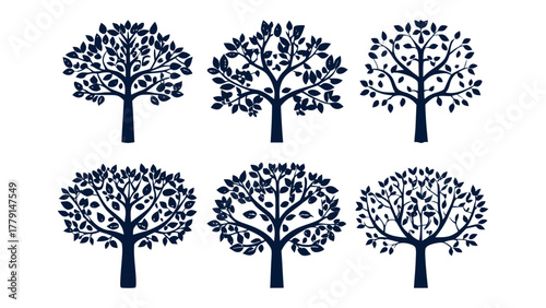 Array of Trees Silhouettes: A collection of six elegant tree silhouettes, each showcasing unique leaf formations, standing tall as a symbol of growth and the beauty of nature.
