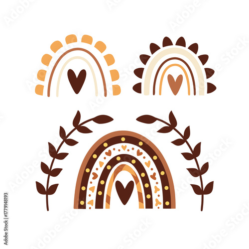 Earthy tone boho style rainbows with hearts and leaves decor set