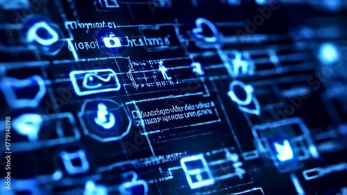 Futuristic, neon-blue interface with icons, data, and glowing lines, suggesting digital tech