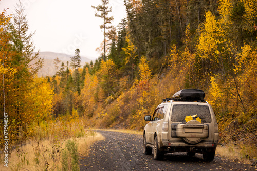 Japanese SUV on scenic autumn road in the forest