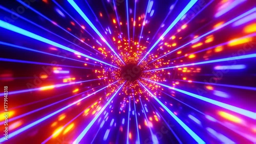 A digital vortex of neon blue, red, and yellow, forming a tunnel. Sparks fly towards the center