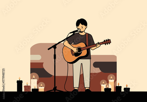 Person playing acoustic guitar and singing into microphone with candles.