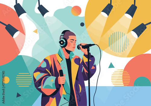 Person wearing headphones singing into microphone under spotlights.