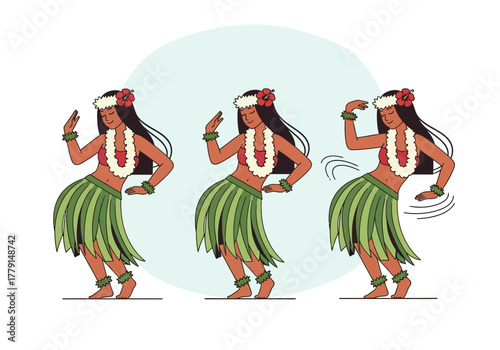 Three women in grass skirts and flower leis dance gracefully.