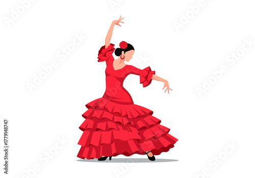 Woman in red dress dancing flamenco with arms raised.