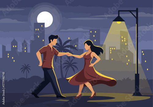 Couple dancing under streetlamp with city skyline and moon.