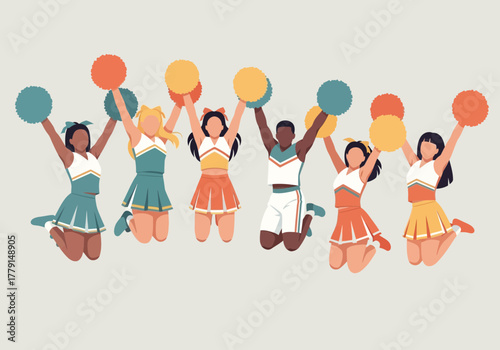 Diverse group of people jumping with pom-poms, celebrating.