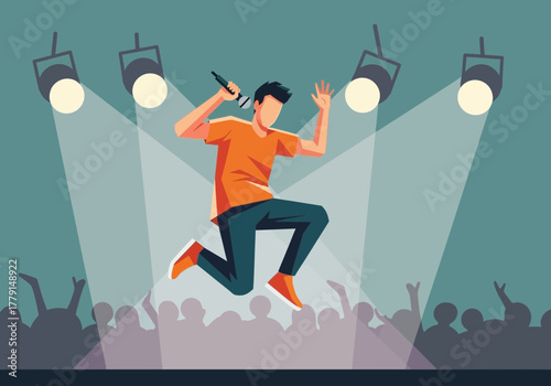 Male performer jumping on stage with microphone under spotlights.