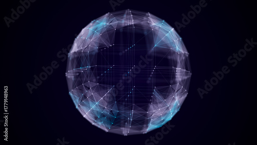 Technology blue sphere with connecting dots and lines. Digital abstract network structure. 3D rendering.