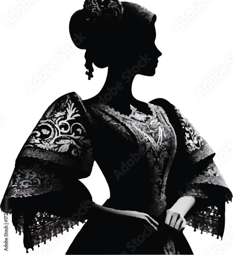 A black and white illustration showcasing 1800s fashion from the Philippines, featuring a female figure in a traditional dress.