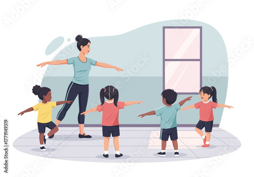 Teacher leads children in a dance or exercise class.