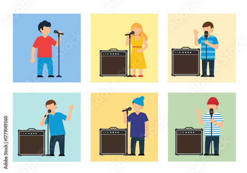 Diverse people singing into microphones with amplifiers.