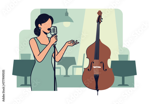 Woman singing into microphone near upright bass in a dimly lit venue.