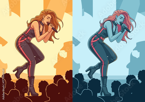 Woman singing into microphone on stage with audience.