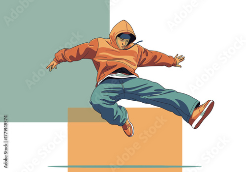 Young man in a hooded sweatshirt and loose pants performing a dynamic jump.