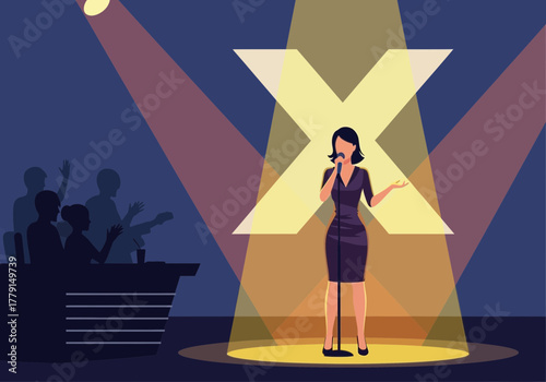 Woman singing on stage under spotlights with audience silhouette.