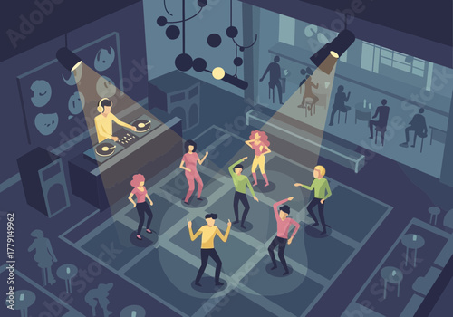 People dancing in a nightclub with a dj playing music.